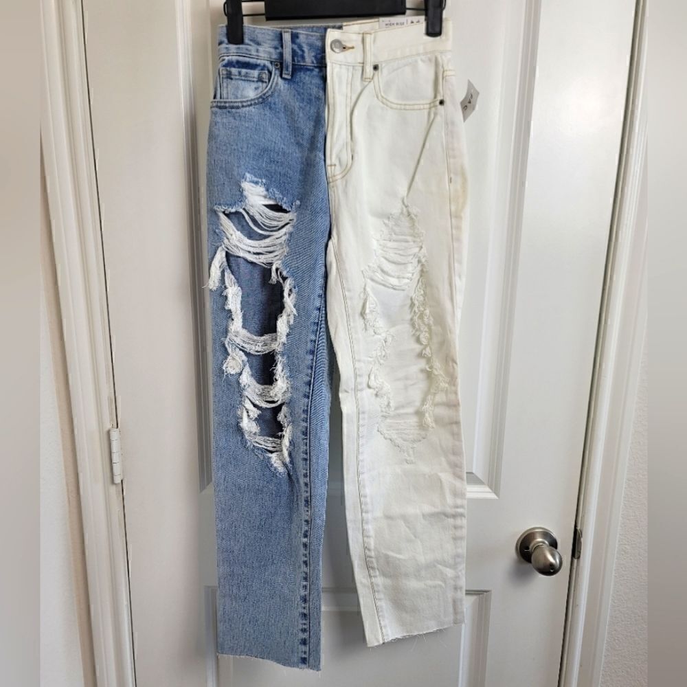 NWT- PACSUN Two-Tone Distressed High Waisted Straight Leg Jeans